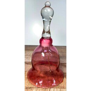 Vtg Pilgrim Cranberry Glass Bell With Clear Handle & Chain Clapper - Elegant